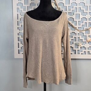American Eagle Waffle Knit Shimmer Top XL Taupe Metallic Long Sleeve Scoop Neck